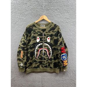 BAPE A Bathing Ape Men's Green Camo Shark College Crewneck Sweatshirt